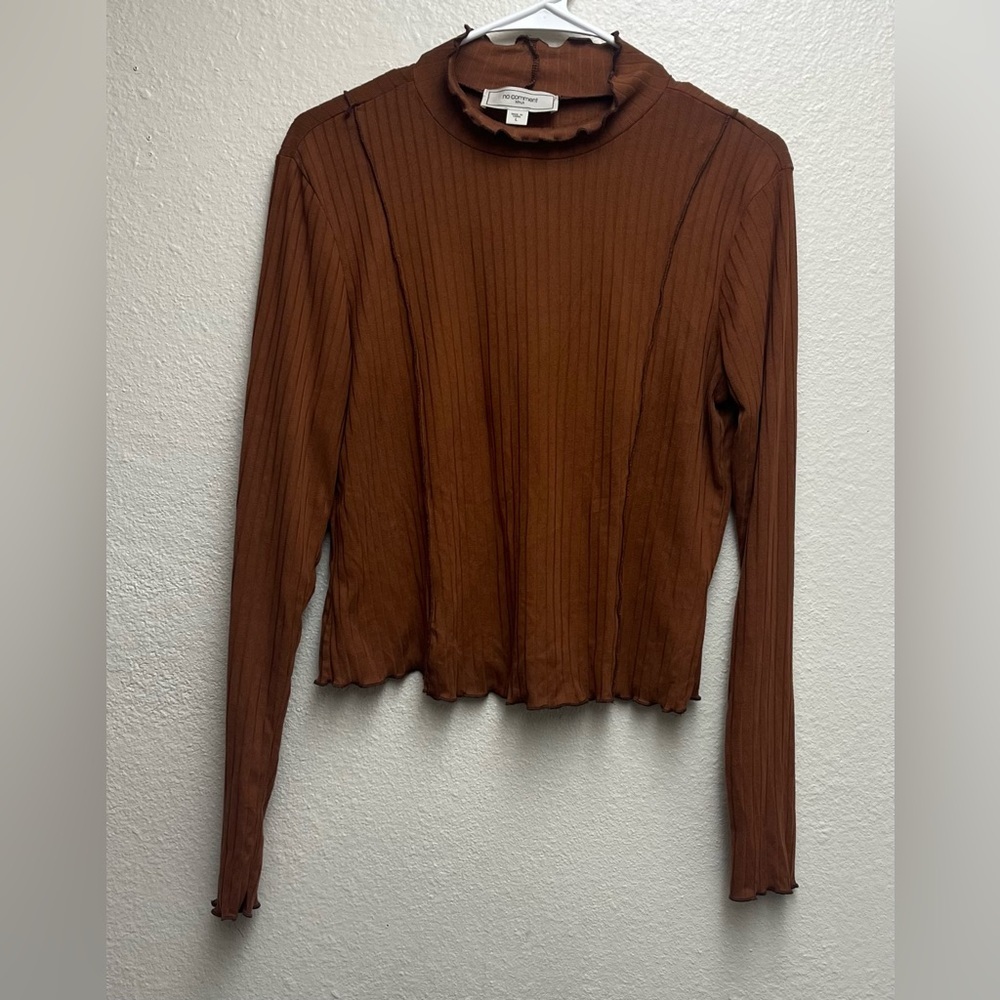 Women’s No Comment Long Sleeve Blouse Mock Neck Burnt‎ Orange Ribbed Size L EUC